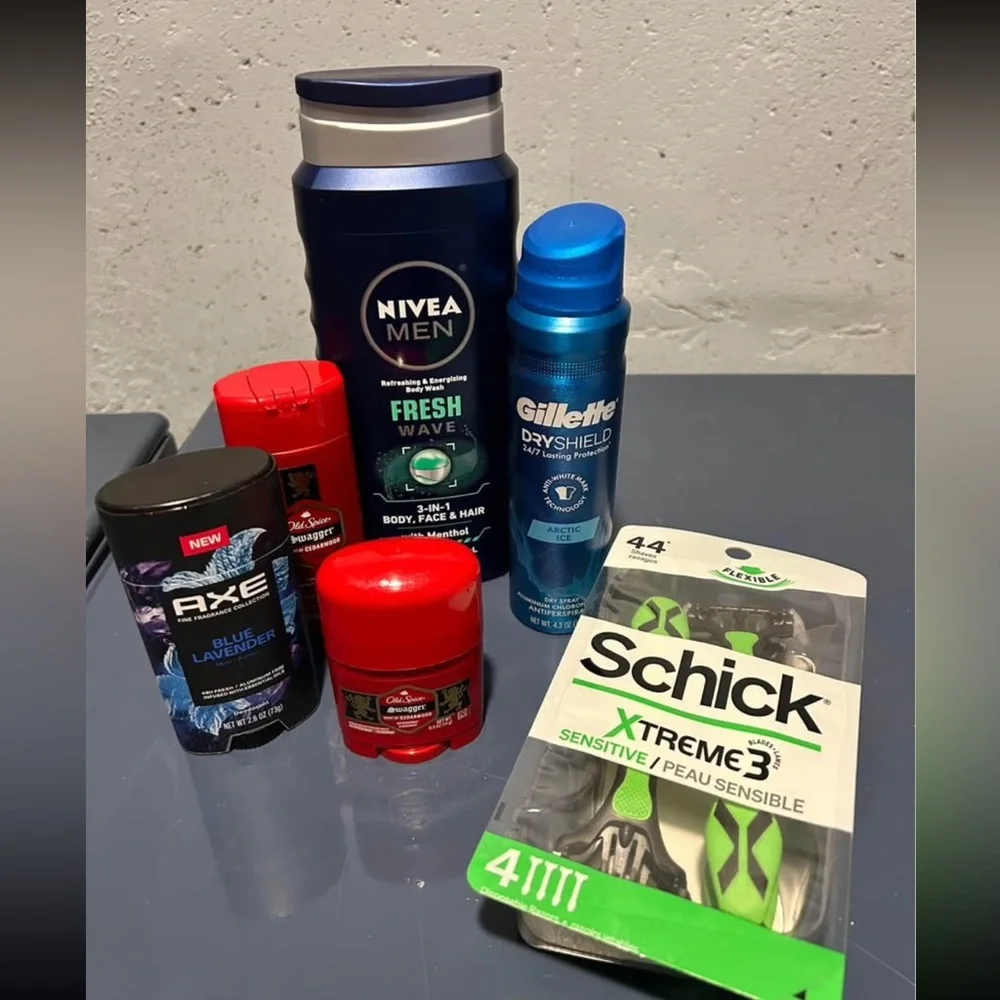 Mens toiletries bundle Axe, old spice, nivea men, gillette, schick